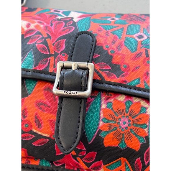 Fossil Keyper Mini Crossbody Bag Floral Coated Canvas Flap Front Black Orange - Picture 3 of 8